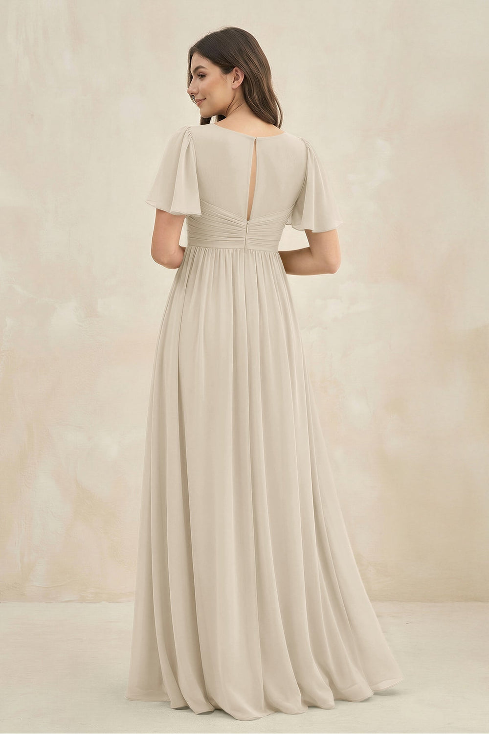 Short Sleeve Chiffon V - Neck A - Line Bridesmaid Dress in Champagne - KISS BRIDAL Bridesmaid Dresses