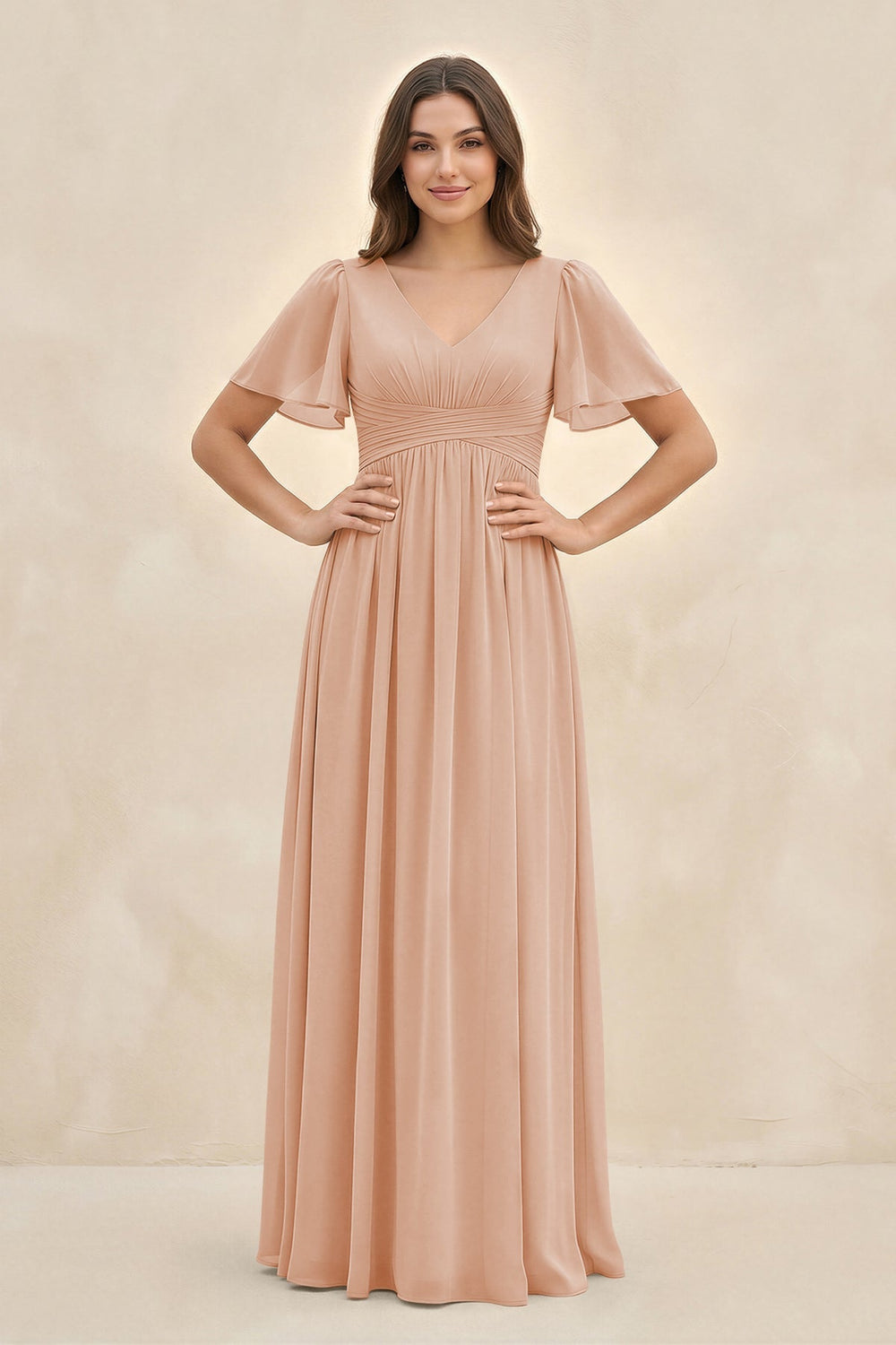 Short Sleeve Chiffon V - Neck A - Line Bridesmaid Dress in Champagne Rose - KISS BRIDAL Bridesmaid Dresses