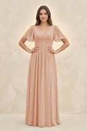 Short Sleeve Chiffon V - Neck A - Line Bridesmaid Dress in Champagne Rose - SHE IS ME Bridesmaid Dresses