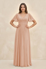 Short Sleeve Chiffon V - Neck A - Line Bridesmaid Dress in Champagne Rose - KISS BRIDAL Bridesmaid Dresses