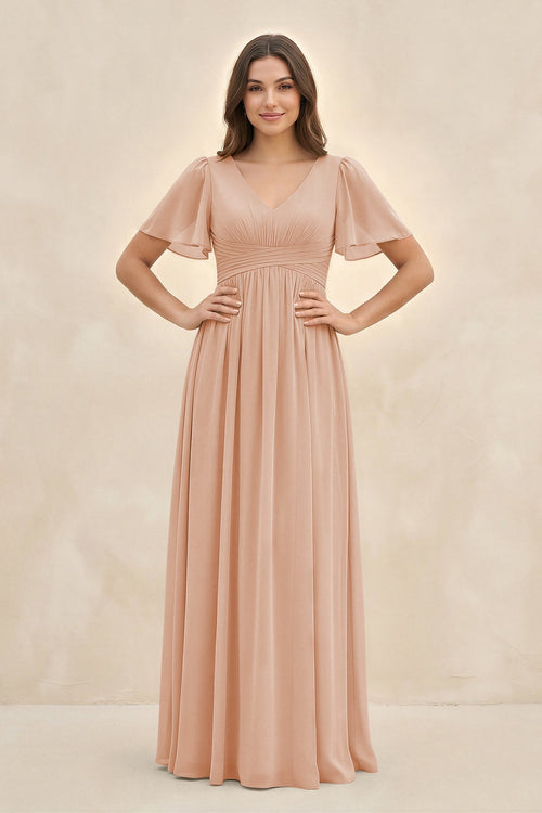 Short Sleeve Chiffon V - Neck A - Line Bridesmaid Dress in Champagne Rose - SHE IS ME Bridesmaid Dresses