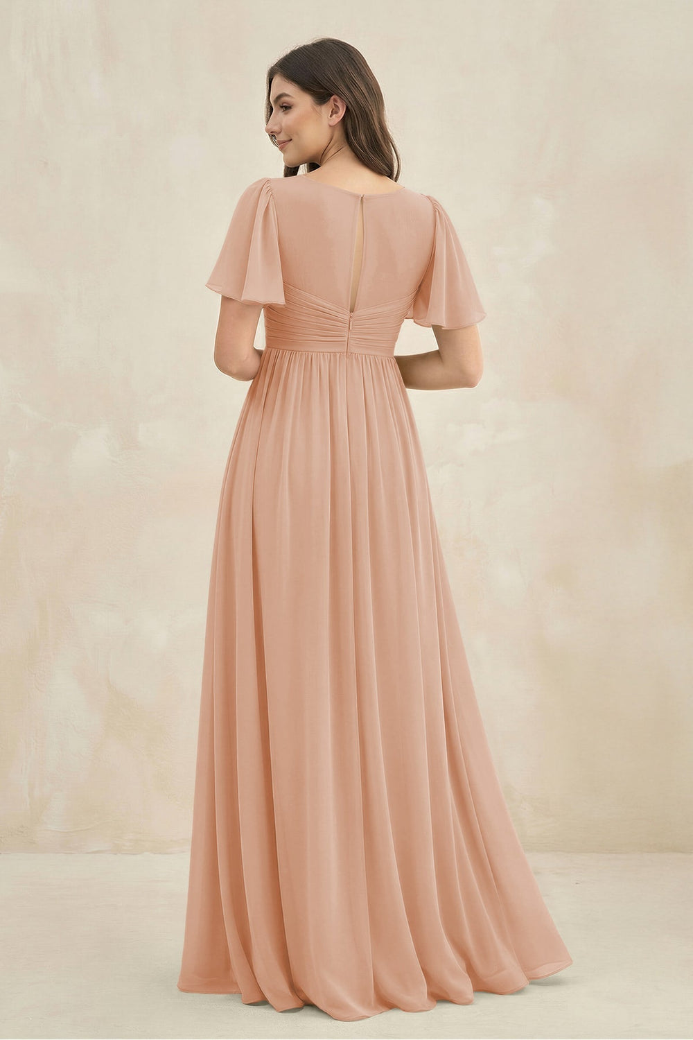 Short Sleeve Chiffon V - Neck A - Line Bridesmaid Dress in Champagne Rose - KISS BRIDAL Bridesmaid Dresses