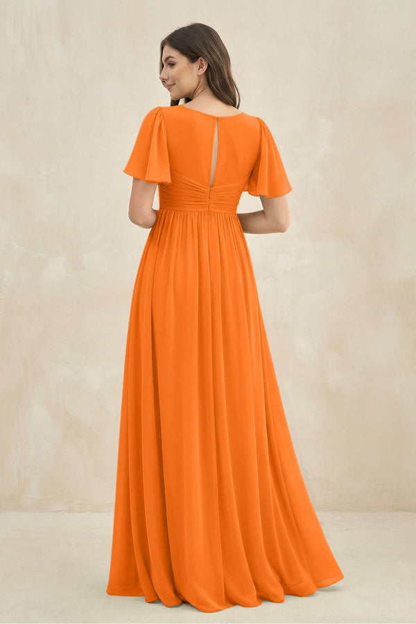 Short Sleeve Chiffon V - Neck A - Line Bridesmaid Dress in Cinnamon - SHE IS ME Bridesmaid Dresses