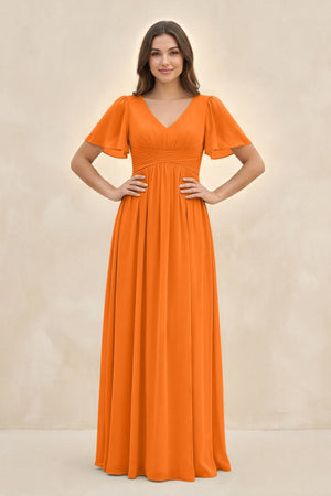 Short Sleeve Chiffon V - Neck A - Line Bridesmaid Dress in Cinnamon - SHE IS ME Bridesmaid Dresses