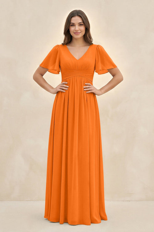 Short Sleeve Chiffon V - Neck A - Line Bridesmaid Dress in Cinnamon - SHE IS ME Bridesmaid Dresses