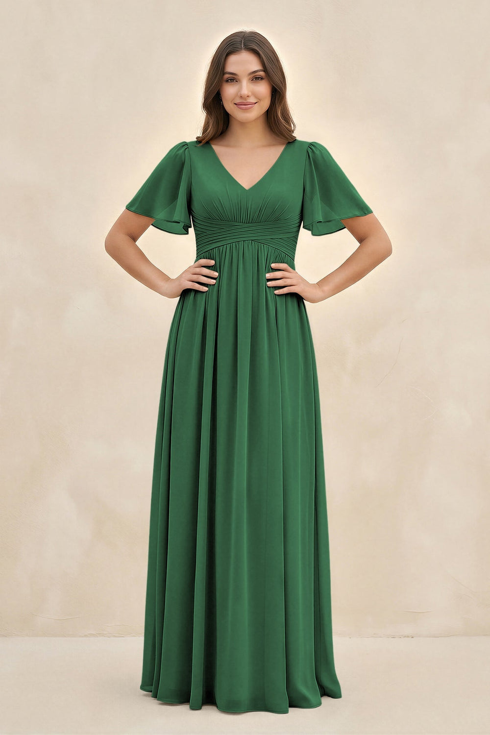Short Sleeve Chiffon V - Neck A - Line Bridesmaid Dress in Dark Green - KISS BRIDAL Bridesmaid Dresses