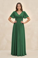Short Sleeve Chiffon V - Neck A - Line Bridesmaid Dress in Dark Green - SHE IS ME Bridesmaid Dresses