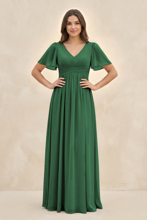 Short Sleeve Chiffon V - Neck A - Line Bridesmaid Dress in Dark Green - SHE IS ME Bridesmaid Dresses