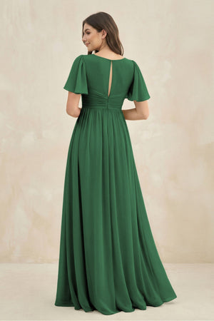 Short Sleeve Chiffon V - Neck A - Line Bridesmaid Dress in Dark Green - SHE IS ME Bridesmaid Dresses
