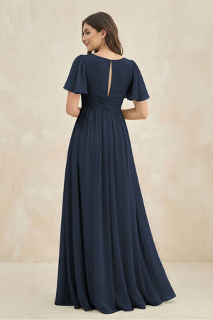 Short Sleeve Chiffon V - Neck A - Line Bridesmaid Dress in Dark Navy - SHE IS ME Bridesmaid Dresses