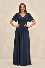 Short Sleeve Chiffon V - Neck A - Line Bridesmaid Dress in Dark Navy - KISS BRIDAL Bridesmaid Dresses