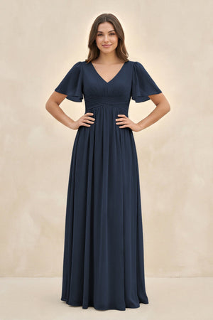 Short Sleeve Chiffon V - Neck A - Line Bridesmaid Dress in Dark Navy - SHE IS ME Bridesmaid Dresses