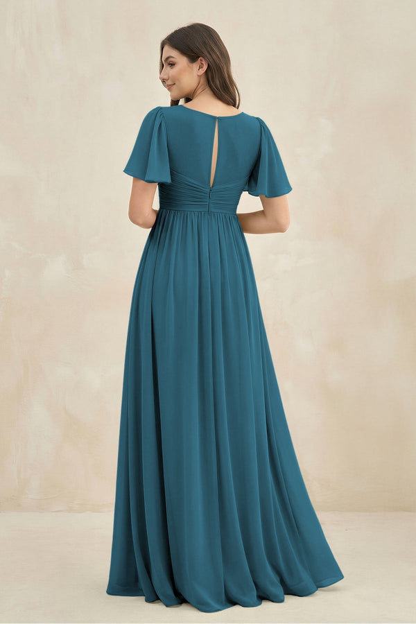 Short Sleeve Chiffon V - Neck A - Line Bridesmaid Dress in Dark Teal - SHE IS ME Bridesmaid Dresses