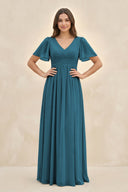 Short Sleeve Chiffon V - Neck A - Line Bridesmaid Dress in Dark Teal - SHE IS ME Bridesmaid Dresses