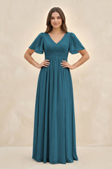 Short Sleeve Chiffon V - Neck A - Line Bridesmaid Dress in Dark Teal - KISS BRIDAL Bridesmaid Dresses