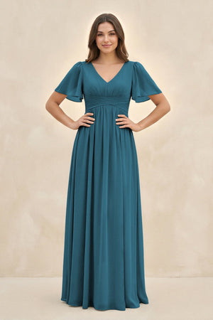 Short Sleeve Chiffon V - Neck A - Line Bridesmaid Dress in Dark Teal - SHE IS ME Bridesmaid Dresses
