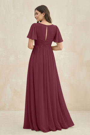 Short Sleeve Chiffon V-Neck A-Line Bridesmaid Dress in Desert Rose (2) | KISSBRIDAL