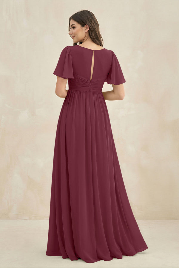 Short Sleeve Chiffon V-Neck A-Line Bridesmaid Dress in Desert Rose (2) | KISSBRIDAL