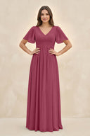 Short Sleeve Chiffon V - Neck A - Line Bridesmaid Dress in Desert Rose - SHE IS ME Bridesmaid Dresses