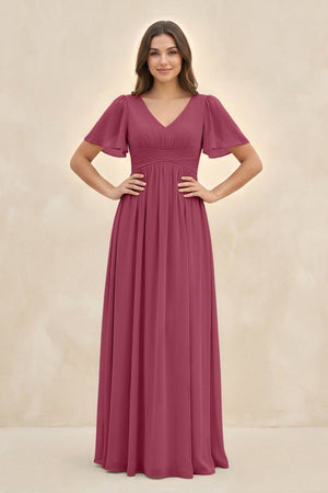 Short Sleeve Chiffon V - Neck A - Line Bridesmaid Dress in Desert Rose - SHE IS ME Bridesmaid Dresses