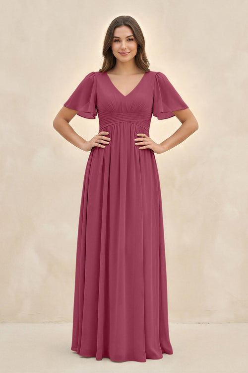 Short Sleeve Chiffon V - Neck A - Line Bridesmaid Dress in Desert Rose - SHE IS ME Bridesmaid Dresses