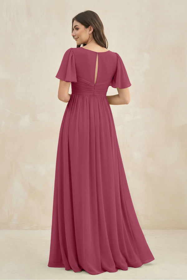 Short Sleeve Chiffon V - Neck A - Line Bridesmaid Dress in Desert Rose - SHE IS ME Bridesmaid Dresses