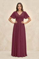Short Sleeve Chiffon V-Neck A-Line Bridesmaid Dress in Desert Rose | KISSBRIDAL
