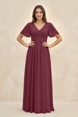 Short Sleeve Chiffon V-Neck A-Line Bridesmaid Dress in Desert Rose | KISSBRIDAL