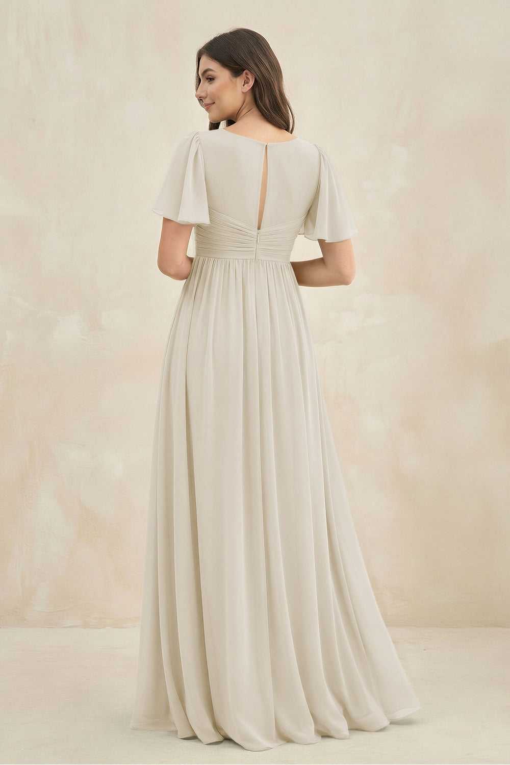 Short Sleeve Chiffon V - Neck A - Line Bridesmaid Dress in Dove Gray - KISS BRIDAL Bridesmaid Dresses