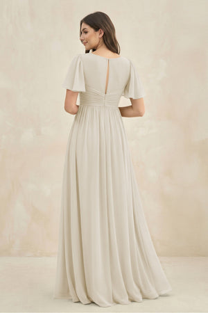 Short Sleeve Chiffon V - Neck A - Line Bridesmaid Dress in Dove Gray - SHE IS ME Bridesmaid Dresses