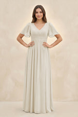 Short Sleeve Chiffon V - Neck A - Line Bridesmaid Dress in Dove Gray - KISS BRIDAL Bridesmaid Dresses