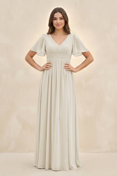 Short Sleeve Chiffon V - Neck A - Line Bridesmaid Dress in Dove Gray - SHE IS ME Bridesmaid Dresses