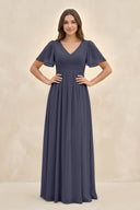 Short Sleeve Chiffon V - Neck A - Line Bridesmaid Dress in Dusk Blue - SHE IS ME Bridesmaid Dresses