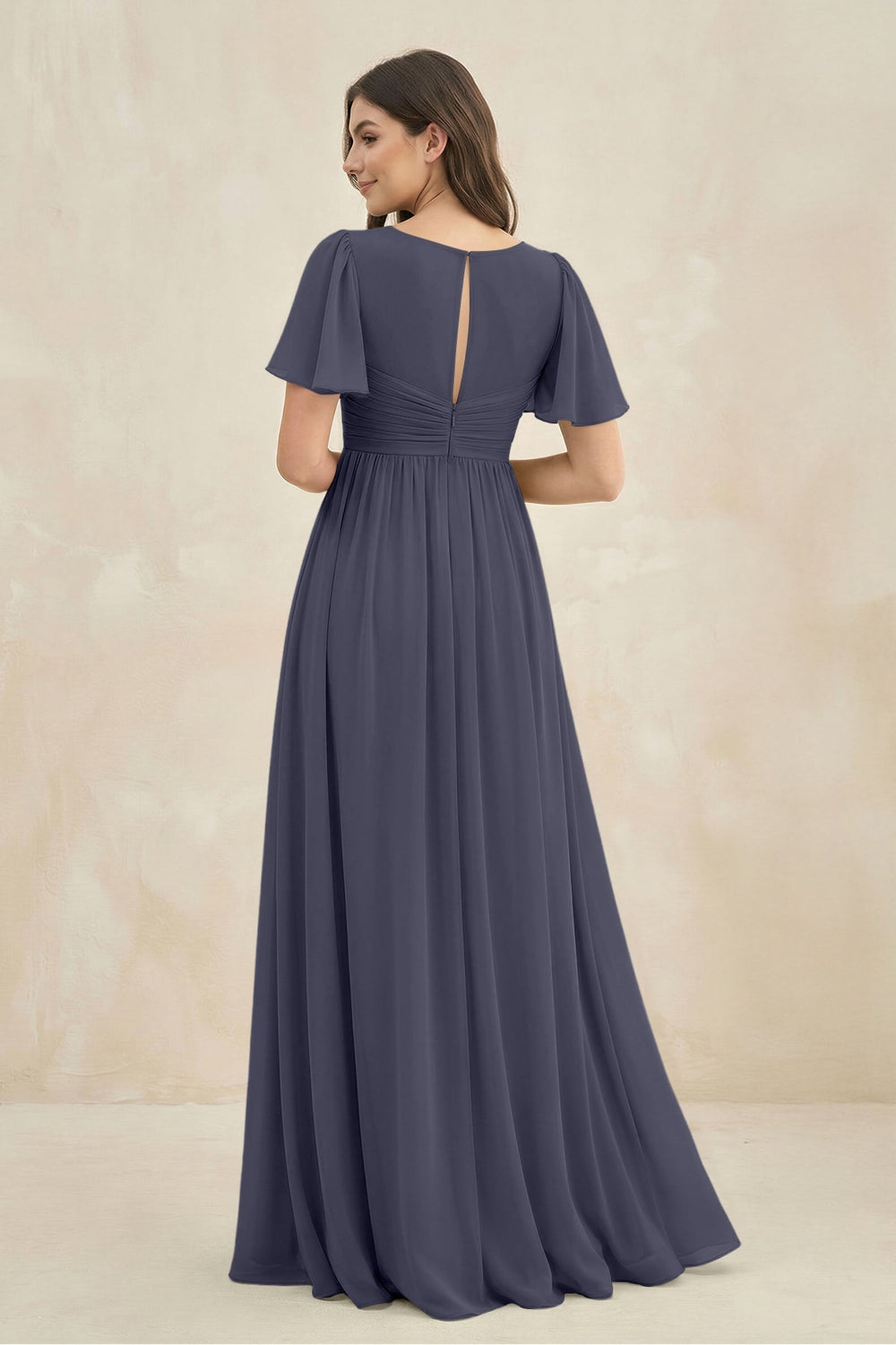 Short Sleeve Chiffon V - Neck A - Line Bridesmaid Dress in Dusk Blue - KISS BRIDAL Bridesmaid Dresses