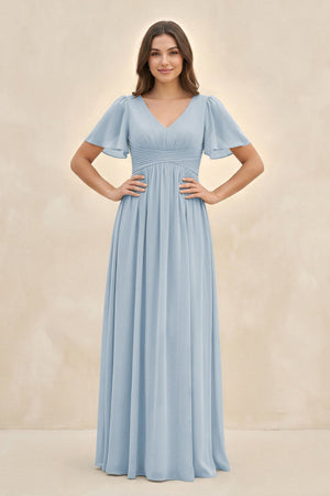 Short Sleeve Chiffon V - Neck A - Line Bridesmaid Dress in Dusty Blue - SHE IS ME Bridesmaid Dresses