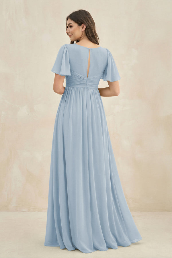 Short Sleeve Chiffon V - Neck A - Line Bridesmaid Dress in Dusty Blue - SHE IS ME Bridesmaid Dresses