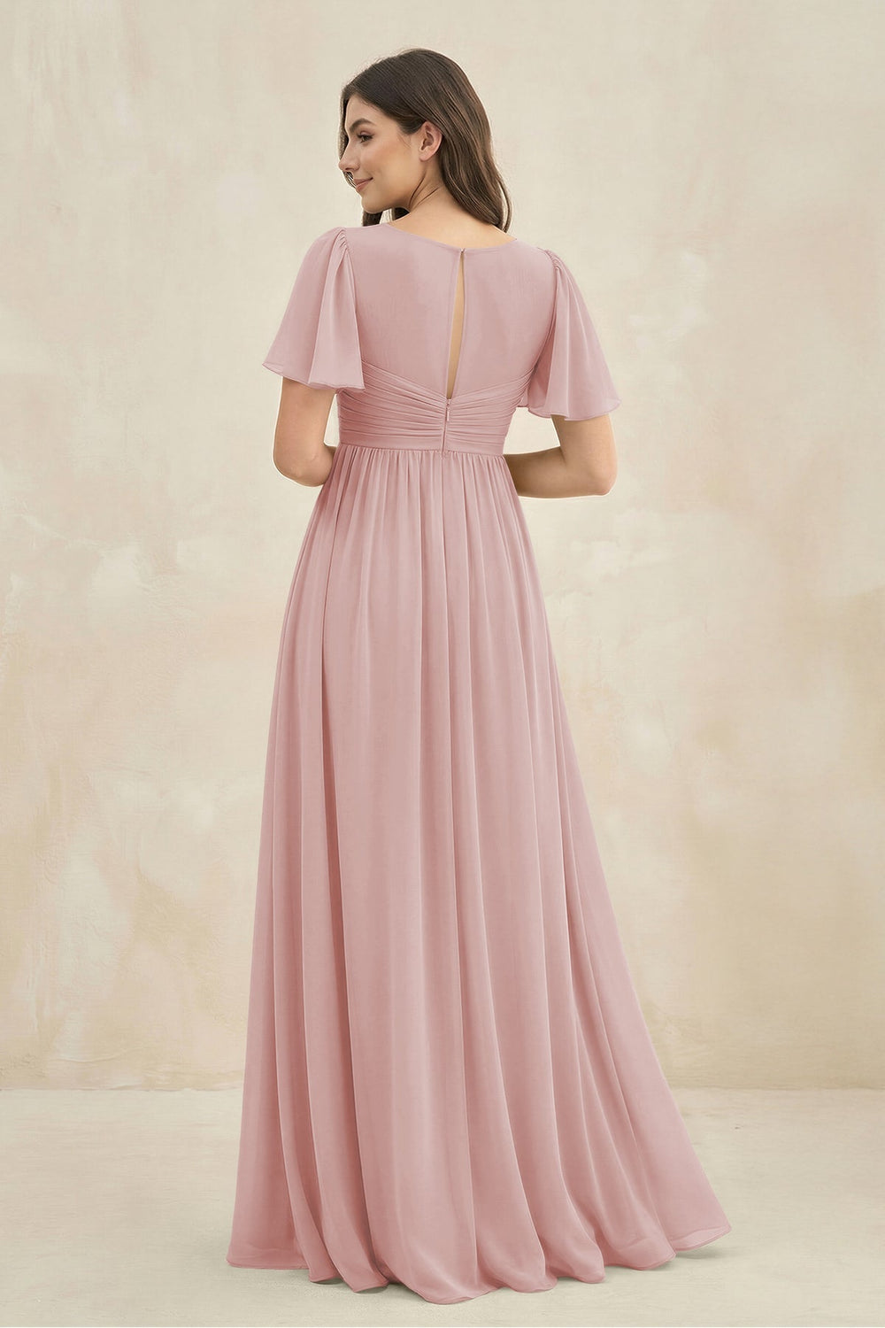 Short Sleeve Chiffon V - Neck A - Line Bridesmaid Dress in Dusty Rose - KISS BRIDAL Bridesmaid Dresses