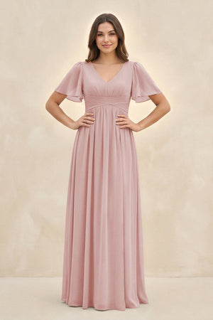 Short Sleeve Chiffon V - Neck A - Line Bridesmaid Dress in Dusty Rose - SHE IS ME Bridesmaid Dresses
