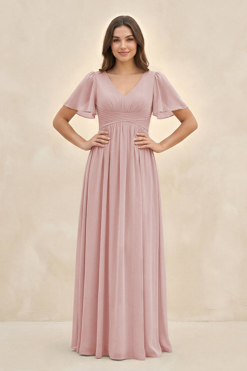 Short Sleeve Chiffon V - Neck A - Line Bridesmaid Dress in Dusty Rose - SHE IS ME Bridesmaid Dresses