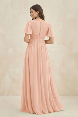 Short Sleeve Chiffon V - Neck A - Line Bridesmaid Dress in English Rose - SHE IS ME Bridesmaid Dresses