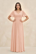 Short Sleeve Chiffon V - Neck A - Line Bridesmaid Dress in English Rose - SHE IS ME Bridesmaid Dresses