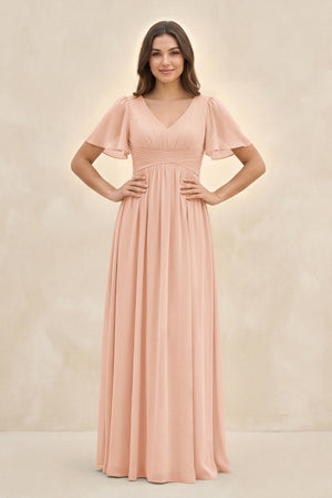Short Sleeve Chiffon V - Neck A - Line Bridesmaid Dress in English Rose - SHE IS ME Bridesmaid Dresses