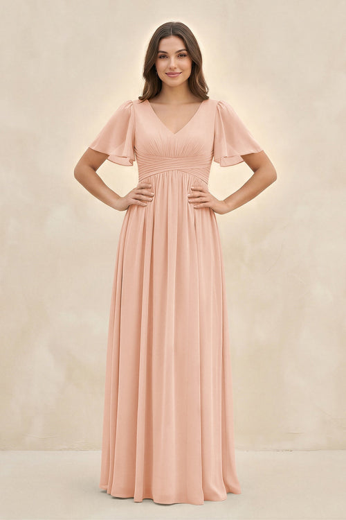 Short Sleeve Chiffon V - Neck A - Line Bridesmaid Dress in English Rose - SHE IS ME Bridesmaid Dresses