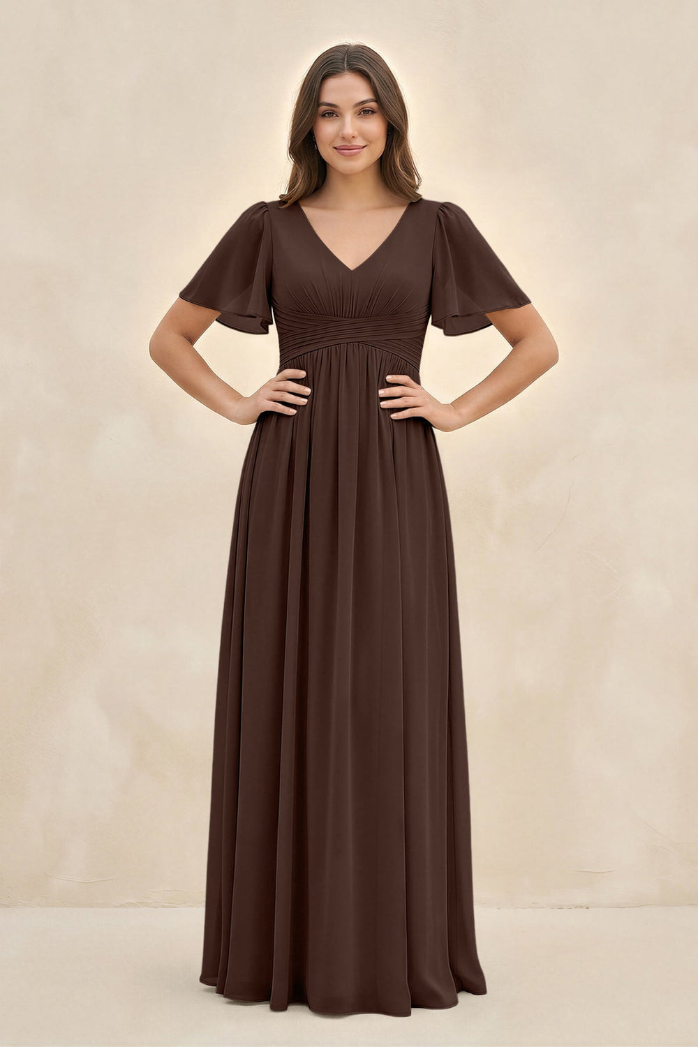 Short Sleeve Chiffon V - Neck A - Line Bridesmaid Dress in Espresso - KISS BRIDAL Bridesmaid Dresses