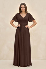 Short Sleeve Chiffon V - Neck A - Line Bridesmaid Dress in Espresso - KISS BRIDAL Bridesmaid Dresses