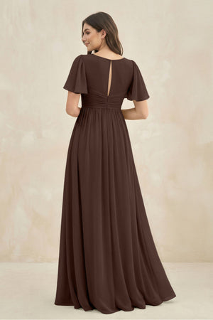 Short Sleeve Chiffon V - Neck A - Line Bridesmaid Dress in Espresso - SHE IS ME Bridesmaid Dresses
