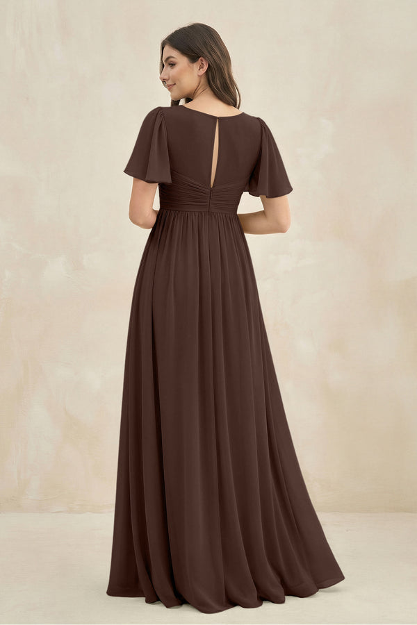 Short Sleeve Chiffon V - Neck A - Line Bridesmaid Dress in Espresso - SHE IS ME Bridesmaid Dresses