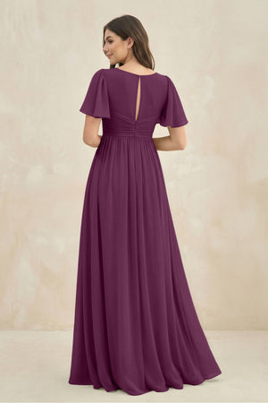 Short Sleeve Chiffon V - Neck A - Line Bridesmaid Dress in Fig - SHE IS ME Bridesmaid Dresses