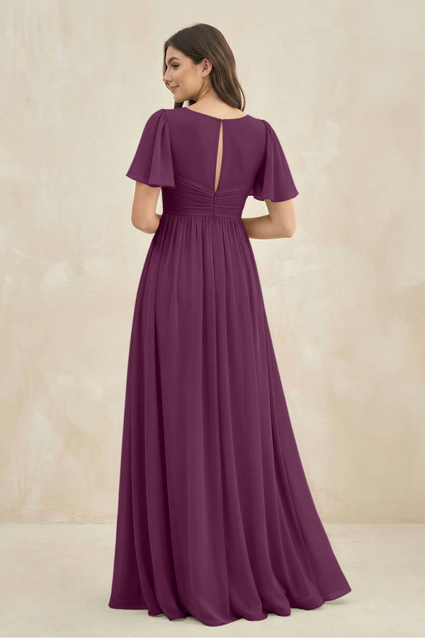 Short Sleeve Chiffon V - Neck A - Line Bridesmaid Dress in Fig - SHE IS ME Bridesmaid Dresses