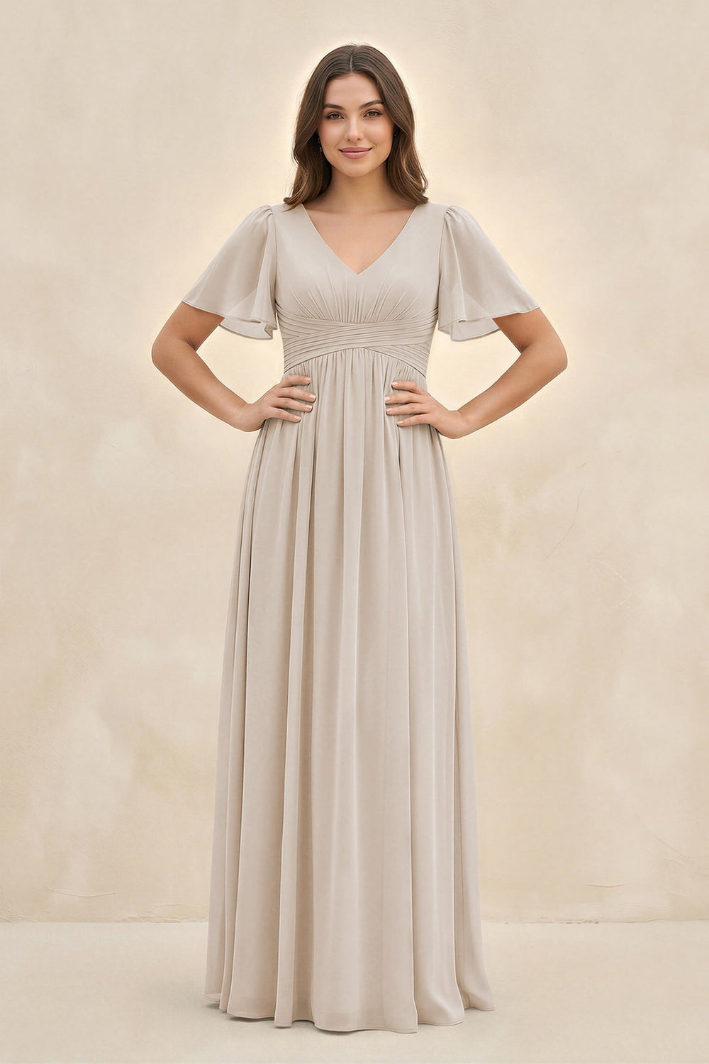 Short Sleeve Chiffon V - Neck A - Line Bridesmaid Dress in Frost - KISS BRIDAL Bridesmaid Dresses
